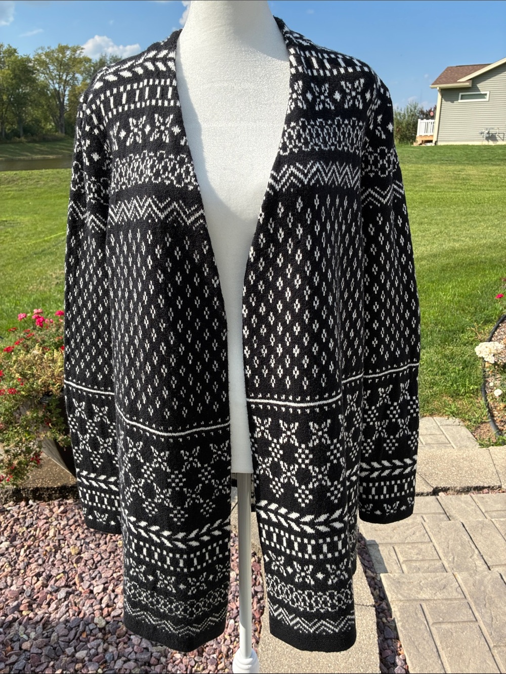 Talbots Black and White Patterned Open-Front Women's Sweater Cardigan L